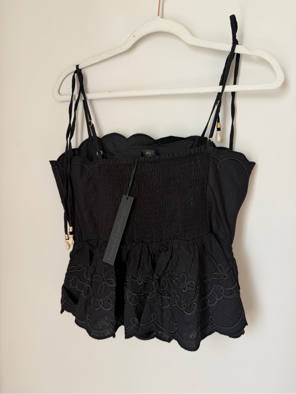 Black Embroidered Tie-Shoulder Peplum linen Tank top - Picture 6 of 7